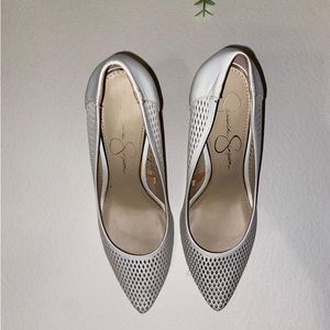Jessica Simpson white pumps- size 7.5- color on trend-faux leather-great texture